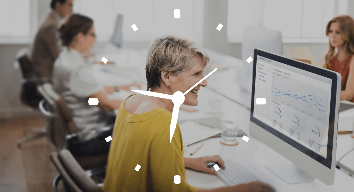 Estimator working at a computer with Faster estimates / time saved overlay